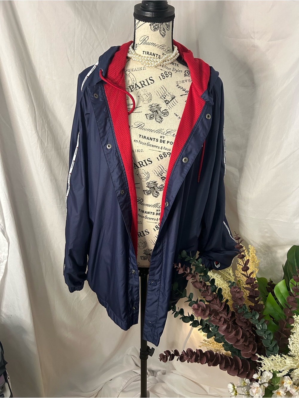 Champion Navy Jacket with Red Hood Lining